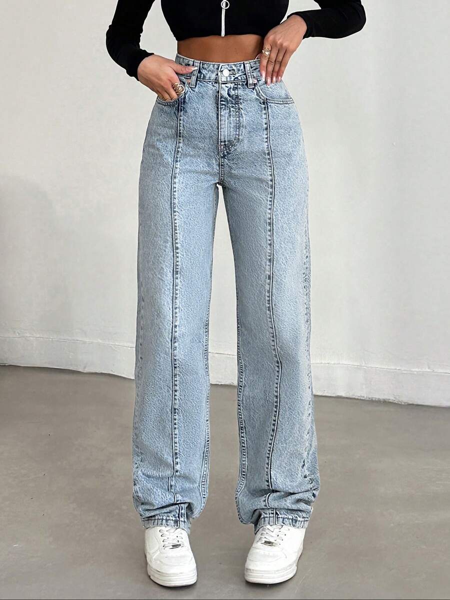 SHEIN Ljustvättade raka jeans med sömdetaljer fram, Komfort, Jeans, Denimbyxor - Ljustvätt - Visa 1