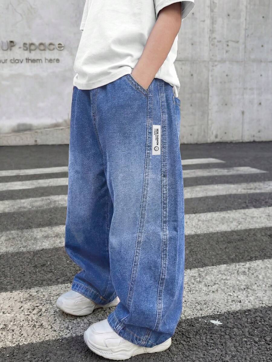 Pantalones vaqueros rectos de mezclilla azul lavada para niños pequeños - Azul - Ver 1