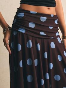 Poéselle Women's Polka Dot Print Asymmetric Hem Skirt - Brown - View 7