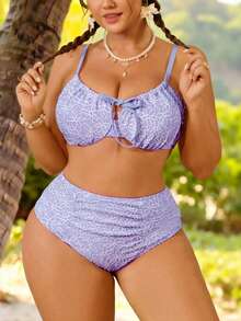 SHEIN Swim Mod Plus Size Women's Swimsuit, Sweet & Cute Beach Holiday, Yellow Textured Fabric With Underwire, 2 Pieces Set With Tie-Waist - Purple - View 5