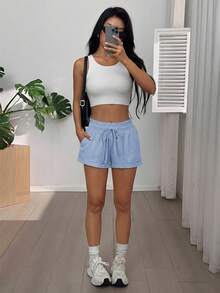 SHEIN EZwear 2026夏季女式休闲纯色浅蓝色抽绳腰侧口袋短裤 - 淺藍色 - 查看 5