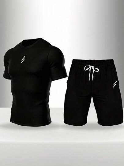 Manfinity Sport Corelite 男士印花圆领短袖上衣和抽绳腰带短裤运动套装