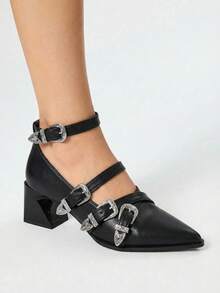 ROMWE Goth 2024春夏秋季法式哥特风女式高跟鞋交叉搭扣玛丽珍朋克风厚底尖头鞋，优雅芭蕾舞鞋，派对鞋 - 黑色 - 查看 5