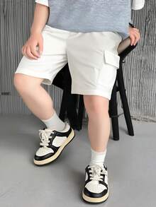 SHEIN 1件男童休閒時尚寬鬆工裝口袋短褲，夏季舒適百搭，適合日常穿著、運動與上學 - 白色 - 查看 11