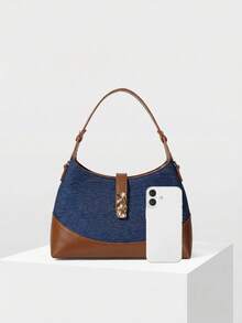MOTF PREMIUM BOLSO DE MANO PARA DAMAS, EMPALME CONTRASTANTE RETRO, PARA USO DIARIO - Azul mezclilla - Ver 5
