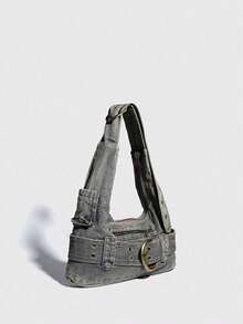 ROMWE Grunge Punk 1个银灰色水洗牛仔布腋下包，多功能休闲斜挎包，Y2K复古通勤信使包，机车包，适合日常、休闲、旅行、外出、购物、上学、通勤，可搭配牛仔裤、T恤、连帽衫、皮夹克 - 灰色 - 查看 5