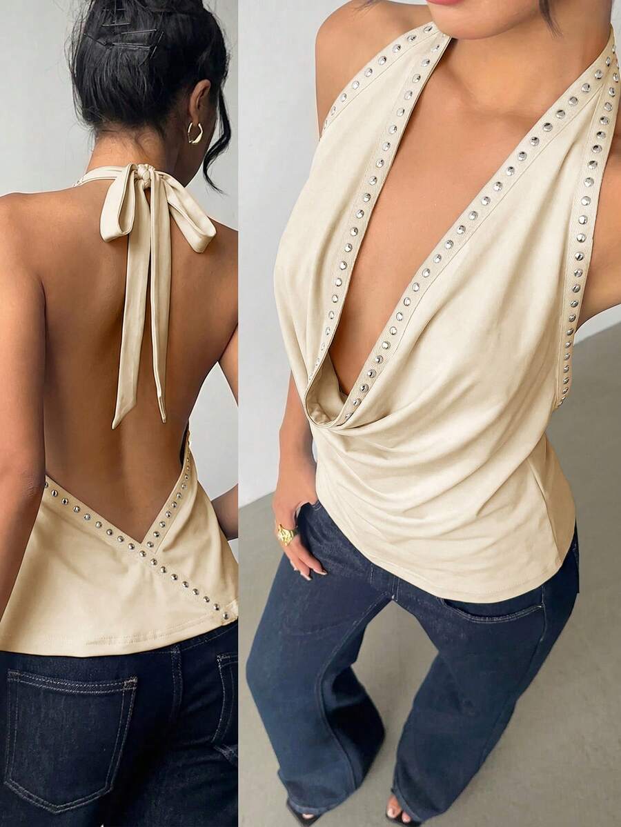 Aloruh Sexy Draped Collar Studded Backless Halter Top,Summer Top - Beige - View 1