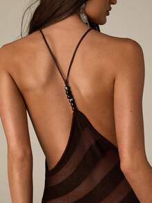 SHEIN BAE Đầm len cổ yếm hở lưng gợi cảm, thanh lịch, thời trang - Màu nâu Sô-cô-la - Xem 6