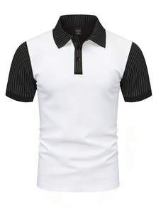 Manfinity Homme Men's Contrast Stripe Print Button Casual Short Sleeve Polo Shirt, Summer - White - View 6