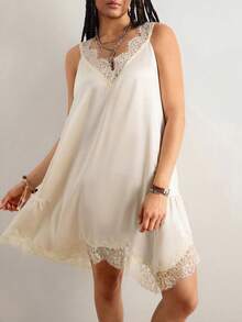 Freevana Vestido suelto sin mangas con cuello en V para mujer de talla grande, diseño asimétrico, unicolor, albaricoque, con ribete de encaje satinado, parches de encaje, sexy y cómodo, elegante para uso diario, vacaciones, primavera/verano - Albaricoque - Ver 1