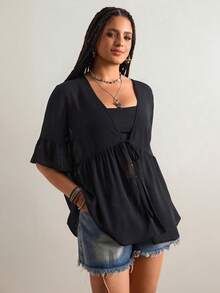 Freevana 大码纯色和服，大码夏季衬衫，七角喇叭袖衬衫，前系带设计，适合夏季、校园、大码沙滩和服、休闲日常穿着、简约时尚衬衫、优雅日常派对、INS博主风、日常穿着、波西米亚风上衣、夏季海滩度假女装 - 黑色 - 查看 5