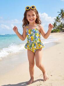 SHEIN 一件装，少女可爱柠檬印花连体泳衣，时尚休闲优雅女士款，适合游泳、度假、夏季穿着。 - 黃色 - 查看 2