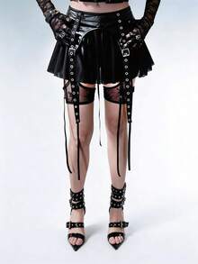 ROMWE PU & Mesh Patchwork Rivet Lace-Up Women's Mini Skirt - Black - View 3