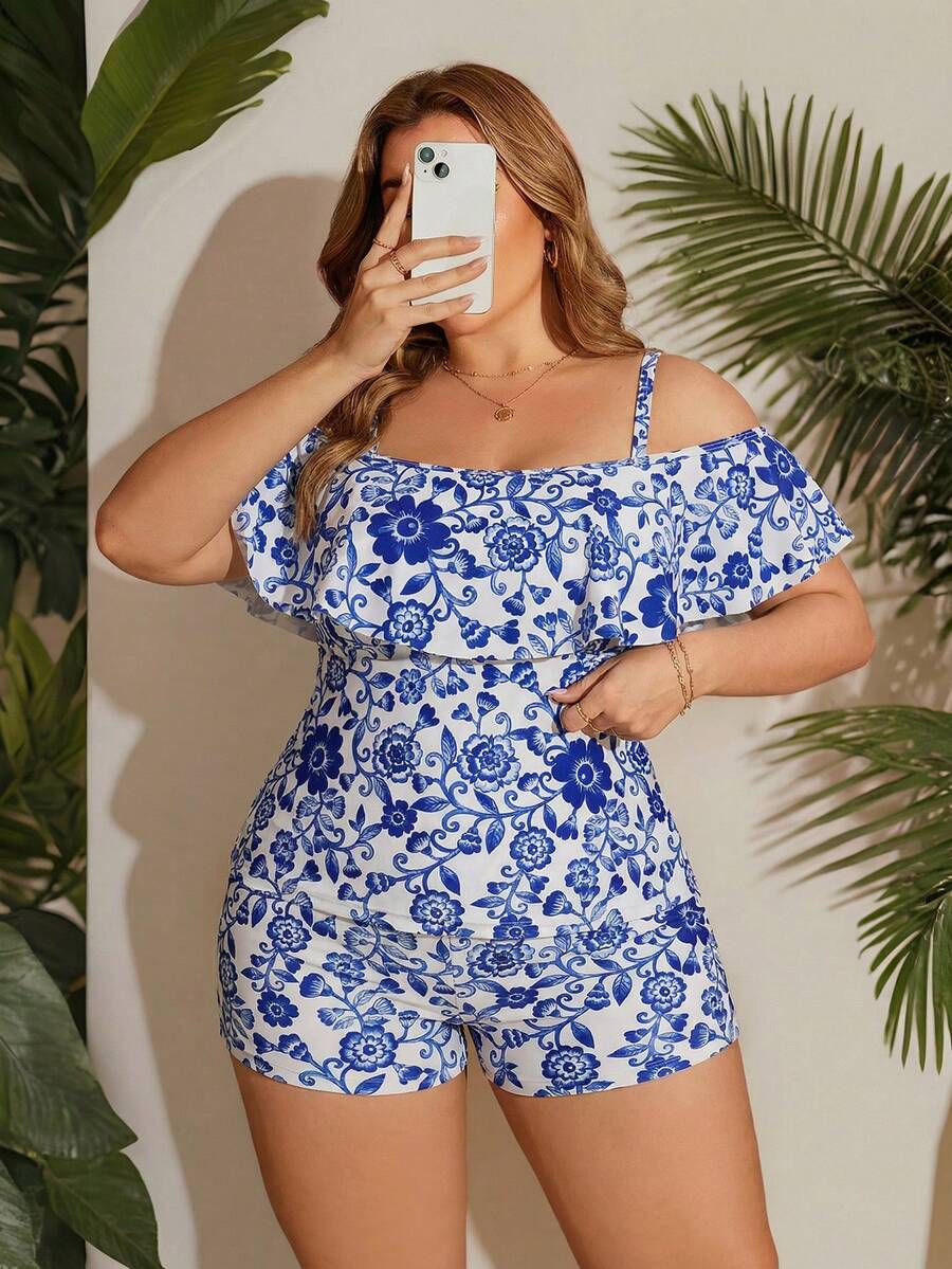 Swim Lushoire 2026 New Summer Beach Vacation Blue & White Porcelain Pattern Ruffle Trim Plus Size Women Tankini Swimsuit - Blue and White - View 1