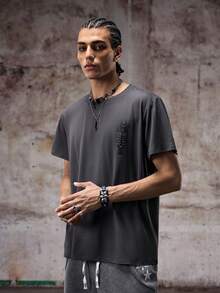 男士夏季圆领短袖休闲 T 恤，带星星图案 - 灰色 - 查看 5