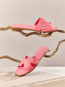 SHUZIA Dép lê nữ cao cấp, kiểu dáng sang trọng, hở mũi, họa tiết lá cọ tối giản, chất liệu giả da màu hồng đào, thích hợp cho mùa xuân, đi nghỉ mát, đi biển, quà tặng Ngày của Mẹ hoặc Giáng sinh. - Hồng - Xem 4