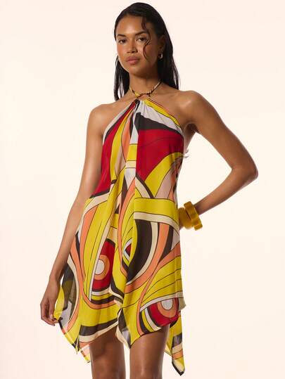 MUSERA Đầm ngắn hở lưng, dây buộc cổ yếm, chi tiết vòng, dáng suông, bồng bềnh, thích hợp cho mùa xuân hè, kỳ nghỉ, du lịch, phong cách Ibiza, thanh lịch, Limonada.