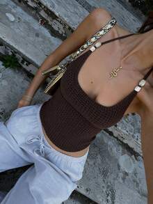 Pariaura 女士春夏新款针织吊带背心，细肩带设计，优雅法式风格，休闲修身度假外套，不对称纽扣套头衫 - 棕色 - 查看 1