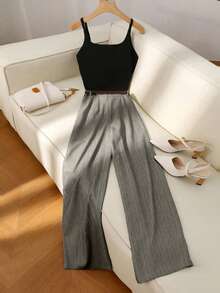 Franclia Áo tank top nữ kiểu dáng thường ngày, quần ống đứng kẻ sọc nữ kiểu dáng thường ngày. - Xám - Xem 2