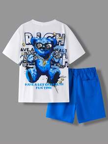 SHEIN Leap Crew Teen Boy Casual Bear & English Graffiti Áo thun ngắn tay in họa tiết có túi quần short Bộ 2 chiếc - Nhiều màu - Xem 11