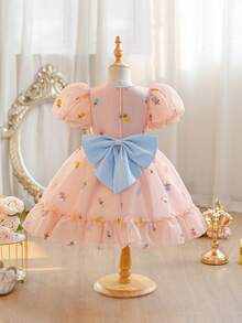Glamorique Kids Vestido Floral Bordado Colorido para Meninas, Manga Curta com Pétalas, Vestido de Princesa Elegante, Roupa de Festa Infantil Adequada para Férias, Casamento, Festa, Decorado com Laço nas Costas - Rosa chiclete - Visão 8
