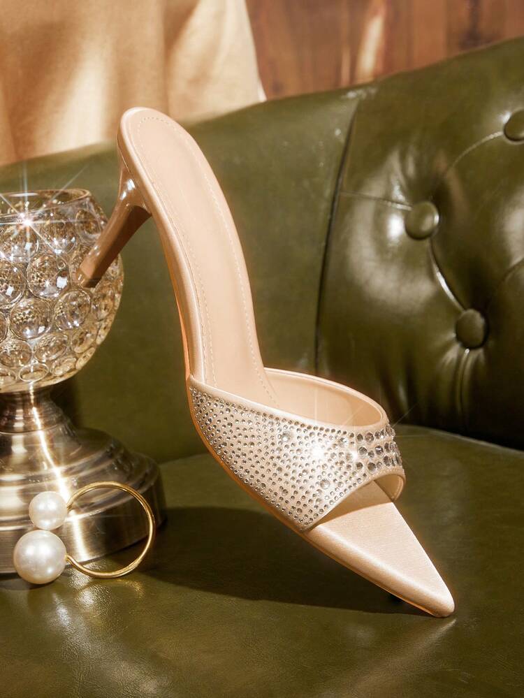CUCCOO TILAWA Women's Fashion, Women's High-Heeled Sandals, Light Gold, Rhinestones, Satin Material, Pointed, Commuting, Comfort, Indoor, Office, Street, Party, Travel, Vacation, Spring And Summer, Suitable For Dresses, Jeans, Shorts, Stiletto Slippers