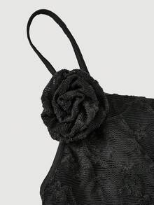 SHEIN MOD 纯色垂褶3D立体花卉可拆卸下摆不对称荷叶边红色吊带背心，不对称上衣，网纱上衣，派对上衣，演出服，酒红色上衣，夜店上衣，派对上衣 - 黑色 - 查看 4