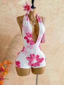 Soleia Women's Deep V Neck Backless Romper,White And Pink Summer Casual Bodysuit For Holiday,Pool Party,Vacation,Beach,Nightclub,Bohemian Floral Print - Multicolor - View 4