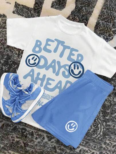 青少年男童新款休闲简约Y2K风格，英文字母、人脸图案，美式复古运动风短袖圆领T恤短裤套装，适合夏季穿着