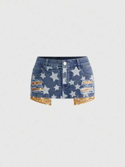ROMWE Women's Y2K Retro Baddie Star Print Colorblock Beaded Ripped Super Low Waist Mini Denim Shorts