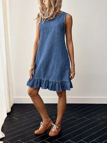 EMERY ROSE Vestido vaquero informal sin mangas con volantes en el bajo y cuello redondo - Azul - Ver 7