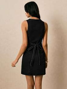 Vestido vaquero sin mangas con botones delanteros, casual de verano para mujer - Negro - Ver 2