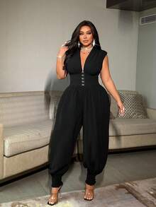 NU&NOW Plus Size Gothic Split Hem Dark Sexy Waist Cinching V-Neck Jumpsuit - Black - View 5