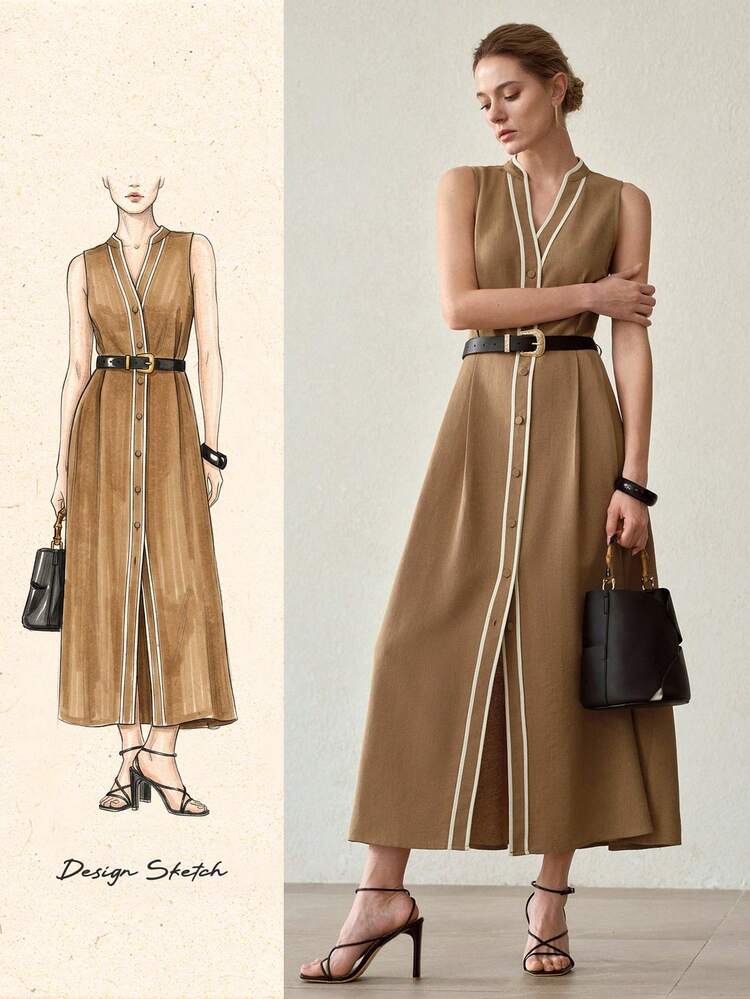 여성용 앞 버튼 벨트 긴 드레스 대비 트림