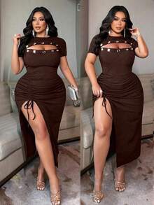 NU&NOW Plus Size Women's Brown Knitted Ribbed Dress,Hollow-Out Front Metal Eyelet,High Slit Drawstring Bodycon Midi,Sommar 70's Night Out Club Party - Brown - View 7