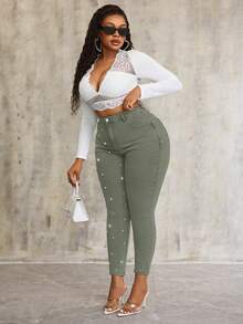 SHEIN SXY Plus Size Pearl Decor Stretchy Green Denim Skinny Pants Formal Holiday Spring Casual - Army Green - View 4