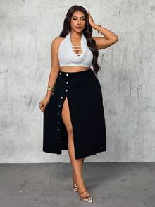 Slaydiva Plus Size Women's Cowgirl High Slit Sexy Denim Skirt, Fall For Women - Black - View 1
