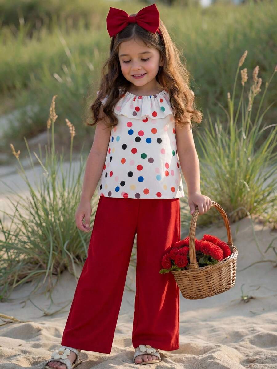 Emery Rose Kids Bộ đồ mùa hè cho bé gái, họa tiết chấm bi, kiểu dáng thường ngày, gồm áo và quần xếp ly. - Màu Đỏ Sâu - Xem 1