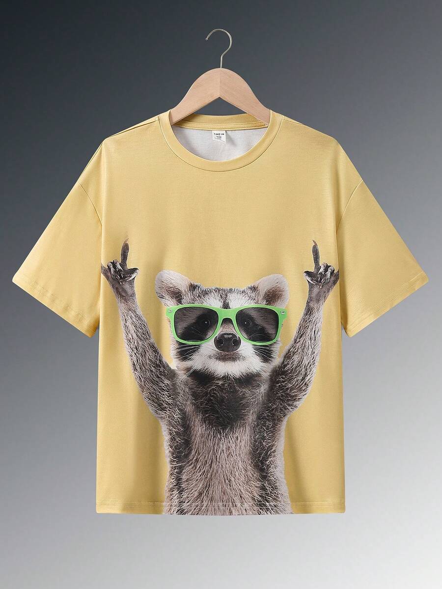 SHEIN Tween Boy Cute Cartoon Animal Print Crew Neck Knit T-Shirt - Yellow - View 1