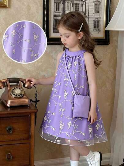 Souflis Souflis Girls (Small) Purple Embroidered Cute Sweet Mesh Dress, Apricot Adorable 3D Embroidered Mesh Fabric With Purple Solid Woven Lining, Sleeveless Straight Dress With Cute Purple Solid Mini Handbag, Suitable For Young GirlCute Sweet Elegant Elegant, Commuting Casual Fashion, Suitable For Daily School Outings, Beach Trips, Casual Street Snaps, Comfortable For Piano Playing And Performances