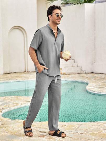 Mercer Haus 2 件套男士休闲褶皱面料领短袖衬衫，配有抽绳腰带裤，纯色适合餐饮、聚会、度假、居家、办公室，用途广泛，是送给男朋友或丈夫的绝佳礼物，春夏季