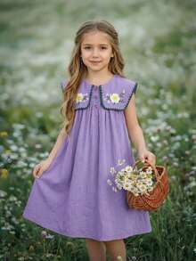 SHEIN Tween Girls/Tween Girl Girls Pastoral Floral Embroidered Pattern Ruffle Collar Puff Sleeve Dress,Versatile Round Neck Trim Contrast Color - Purple - View 2