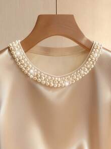 Franclia 女士优雅圆领珍珠装饰短袖T恤，适合通勤，两件套搭配长款喇叭休闲裙 - 杏色 - 查看 4