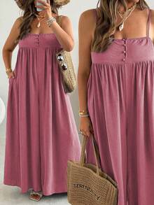 Ceyna Plus Size Women Solid Color Pleated Casual Jumpsuit With Wide Leg - Pink - View 1