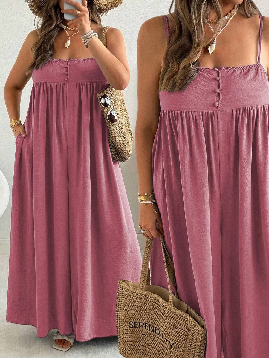 Ceyna Plus Size Women Solid Color Pleated Casual Jumpsuit With Wide Leg - Pink - View 1