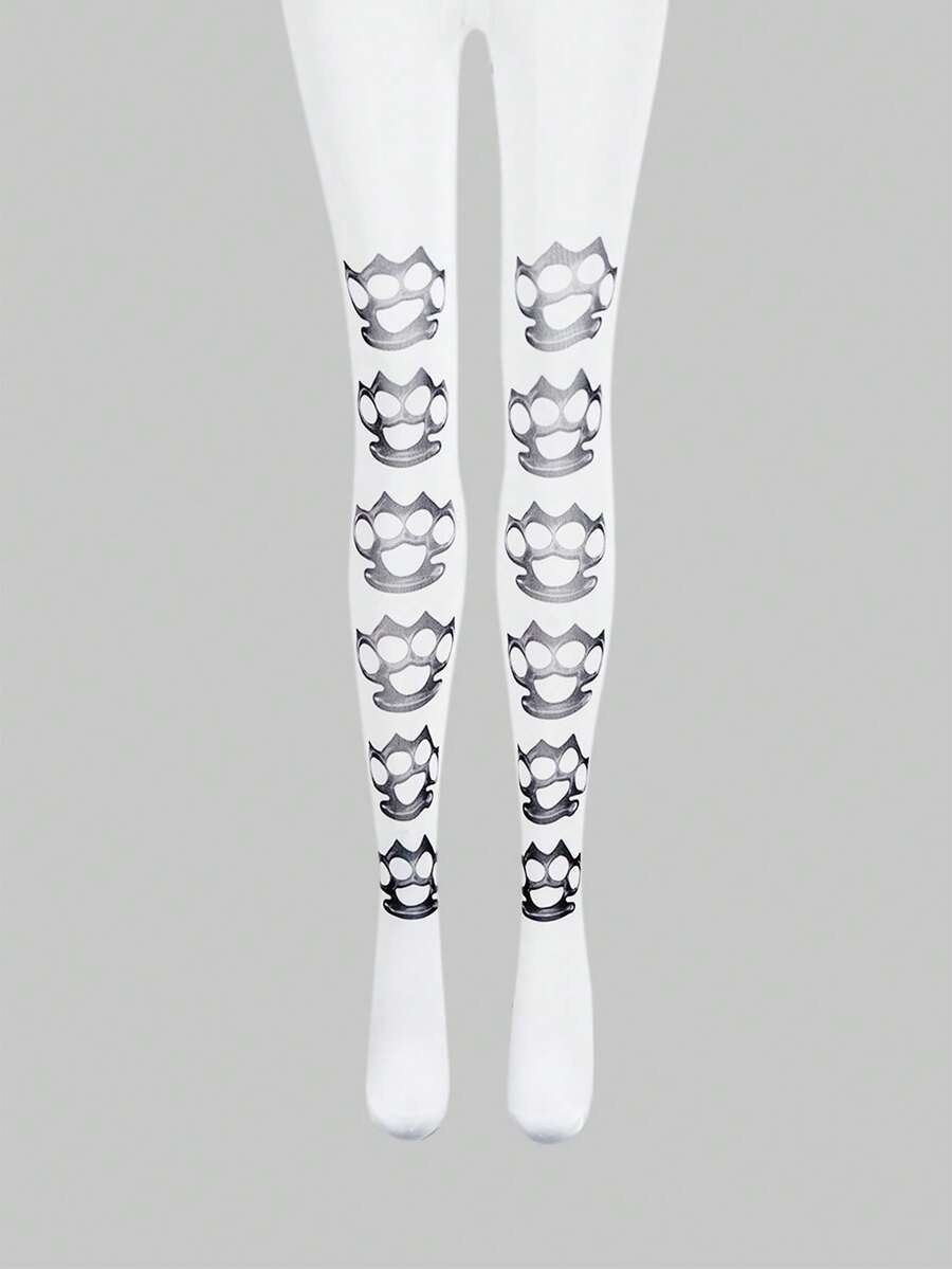 ROMWE 1双白色和黑色Y2K千禧辣妹戒指印花设计弹力袜/连裤袜，时尚简约百搭的女士长筒袜，适合日常通勤、约会、聚会、购物等场合。 - 白黑色 - 查看 1