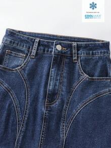 EMERY ROSE Plus Size Women's Spring/Summer Pocketed Button Pleated Washed Denim Skirt - Dark Wash - View 3