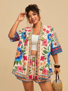 Travachic 大码女式蓝色树叶印花和服衬衫短裤沙滩两件套 | 女士度假节日服装两件套和服女式波西米亚风套装波西米亚时尚女装套装夏季 - 彩色 - 查看 7