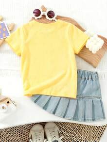 SHEIN Playful Pals 女婴经典英文图案黄色短袖套头T恤，女婴服装，女童套头衫，女童T恤，女婴上衣，适合春夏穿着，尺码6个月至3岁 - 黃色 - 查看 2