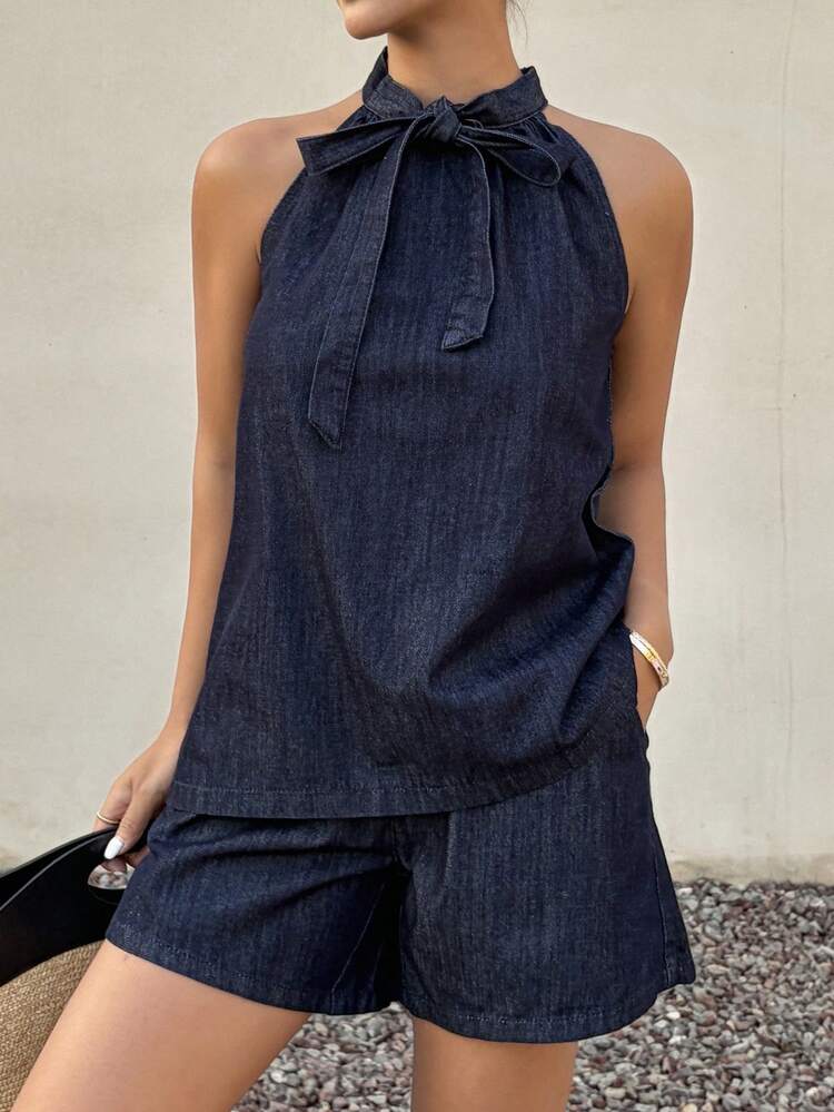 Women's Summer Sleeveless Halter Tie Denim Top And Short Denim Shorts Casual Denim Set